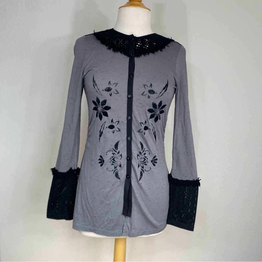 Sun Light Womens Black Gray Floral Eyelet Button Down Top Size 1 Girlhoodcore